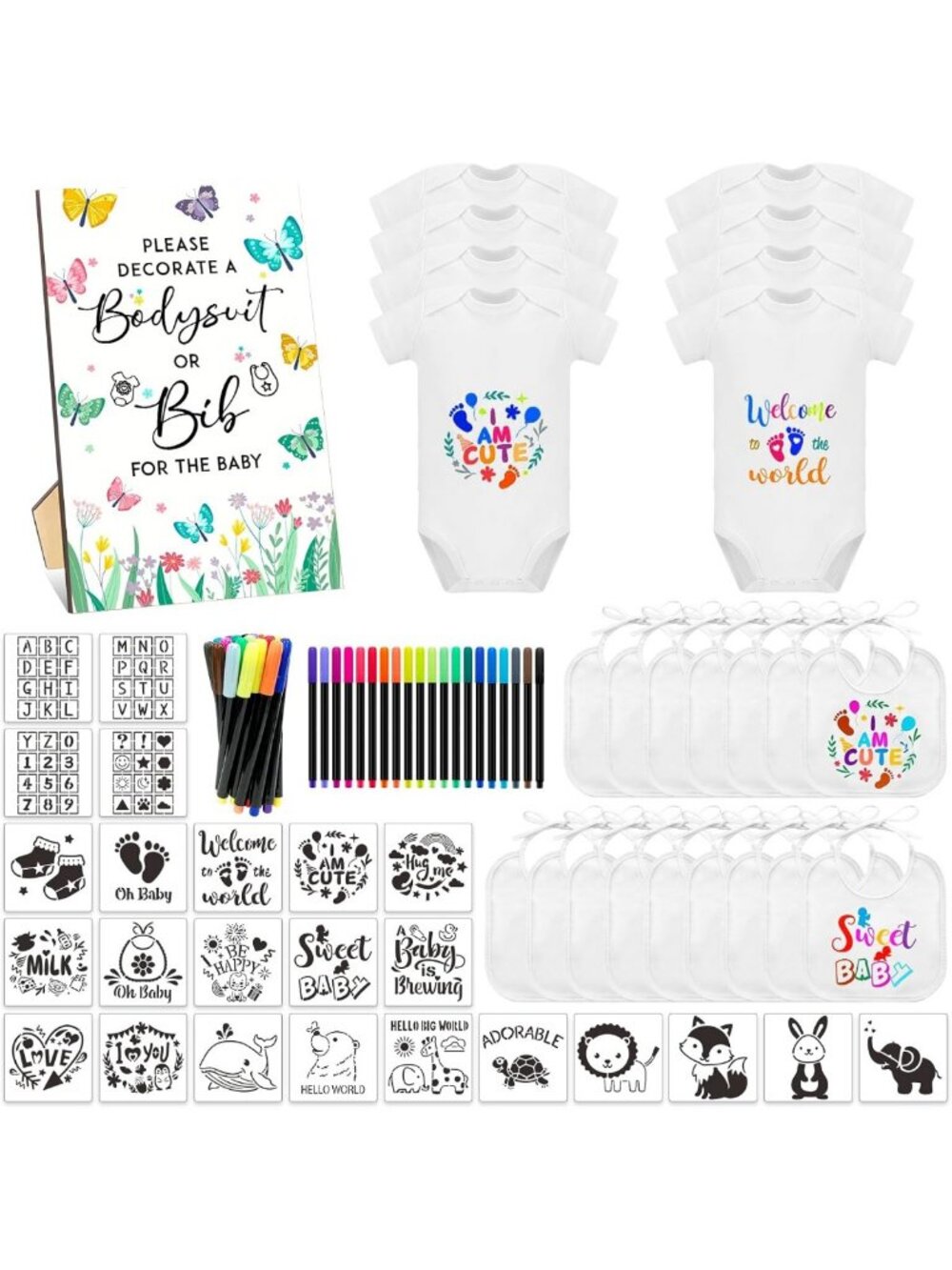 69 Pcs Baby Shower Set - Bibs, Bodysuits & Game Signs for Newborns & Feeding